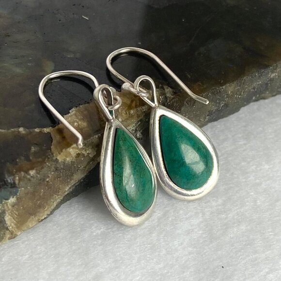 Sterling Silver 925 Southwest Style Chrysocolla Teardrop Dangle Drop Earrings - Picture 4 of 16